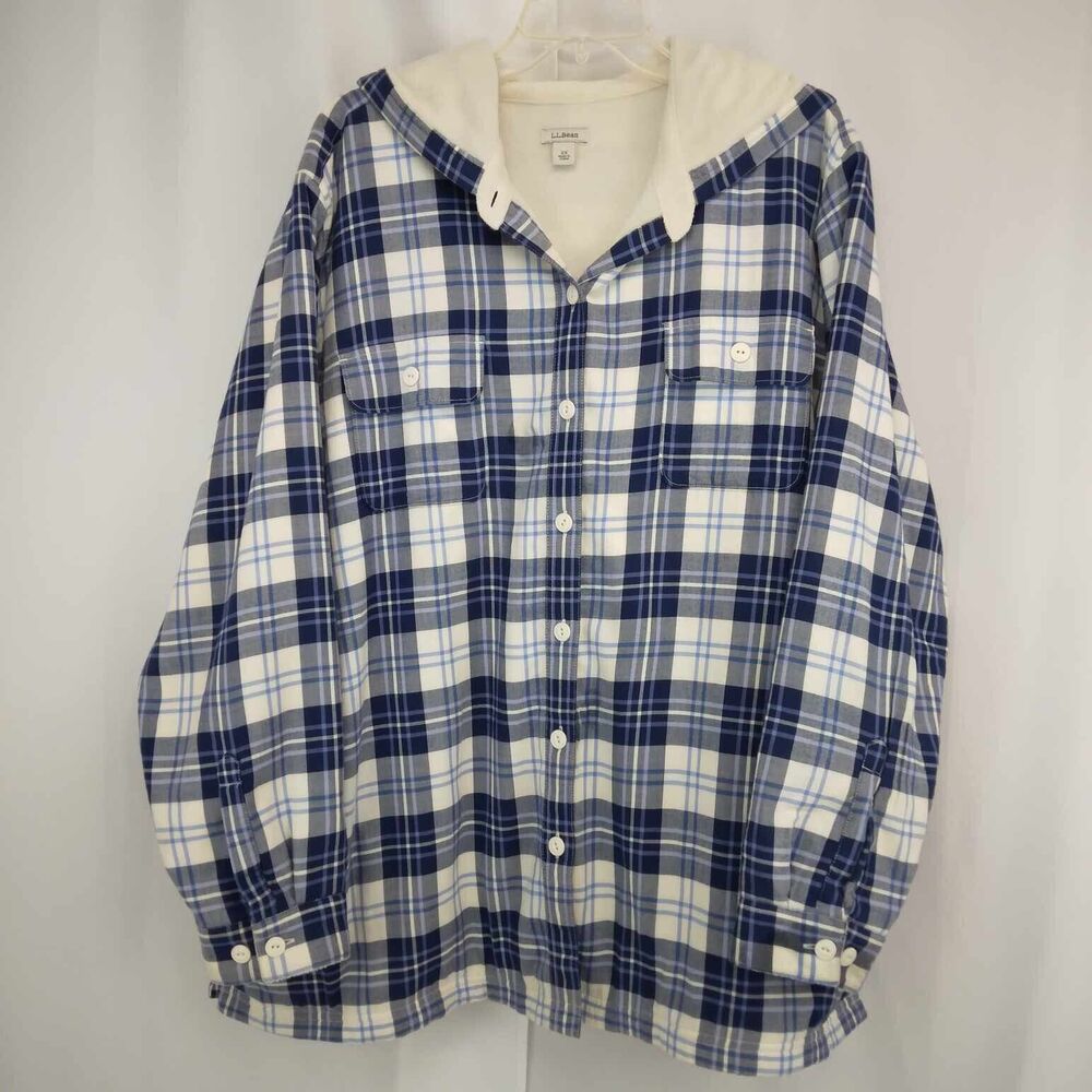 LL Bean Women's 2X Blue Plaid Fleece Lined Flannel Button Hooded Shacket Pockets